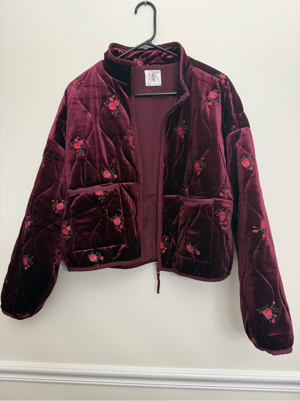 Altar'd State Freya Velvet Burgundy Quilted Jacket with Rose Floral Embroidery
